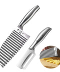 Two-piece stainless steel kitchen gadget: wavy crinkle cutter and matching vegetable peeler for potatoes and carrots.