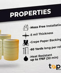 Properties of Half Inch Masking Tape for General Purpose and Painting, 60 Yards Per Roll, Case of 72 Rolls shown with icons.