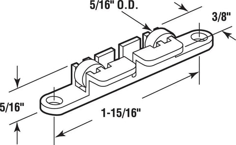 Slick Glide 5/16 Inch Concave Steel Tandem Replacement Rollers For Sliding Windows With Rugged White Nylon Housing No Hassle Swap And Reliable Duo Pack Track Assembly, detailed diagram showing dimensions.