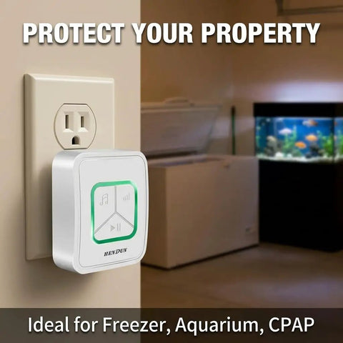 Upgraded Power Failure Alarm for Home Use plugged in near freezer, aquarium visible, GFCI Trip Detector and Power Outage Reminder