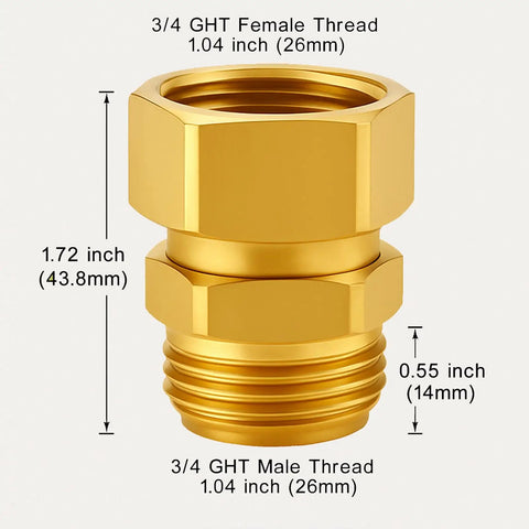 2 Pack Garden Hose Swivel Connector Three Quarter Inch GHT, 360 Degree Brass Hose Fittings to Stop Twists and Kinks, Rustproof and Durable Leak Free Watering Accessory for Lawn and Garden, brass 3/4 GHT connector with size labels