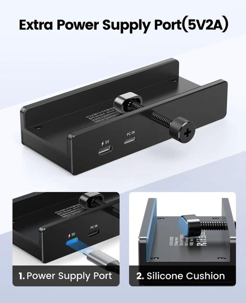 Clamp On USB Hub With External Power Sleek Aluminum 4 Port USB 3.0 Adapter With Three USB A Data Ports And A USB C Port For Monitors Desk Setup Built To Handle Power Hungry Peripherals Black showing power supply port