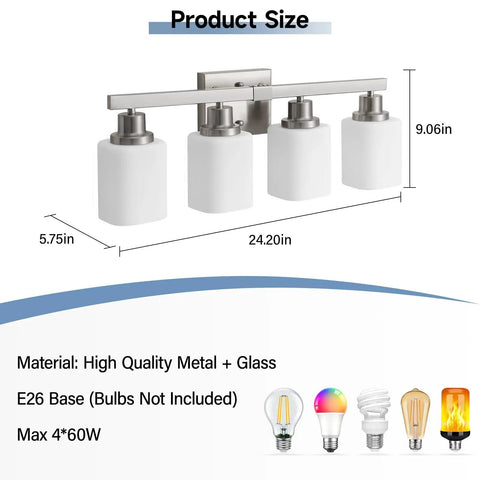 Four Light Brushed Nickel Vanity Light With Square Frosted Glass Modern Bathroom Wall Fixture Over Mirror E26 Sconce product size