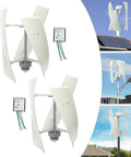 Vertical Wind Turbine Generator 24V 100W with 3 Nylon Fiber Blades shown in various installations for home and streetlights.