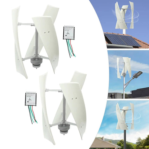 Vertical Wind Turbine Generator 24V 100W with 3 Nylon Fiber Blades shown in various installations for home and streetlights.