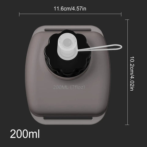 Top view of Hands Free Hydration Wrist Bottle For Runners, 200ml Silicone Leak Proof Water Bottle, measuring dimensions shown.