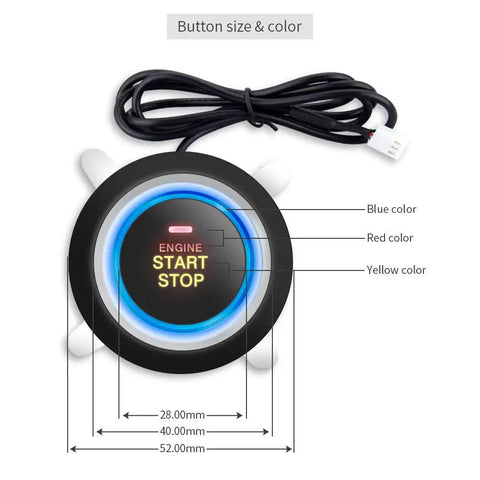 RFID Push Start Button Kit With Keyless Go Upgrade For 12V Cars button showing color and size dimensions