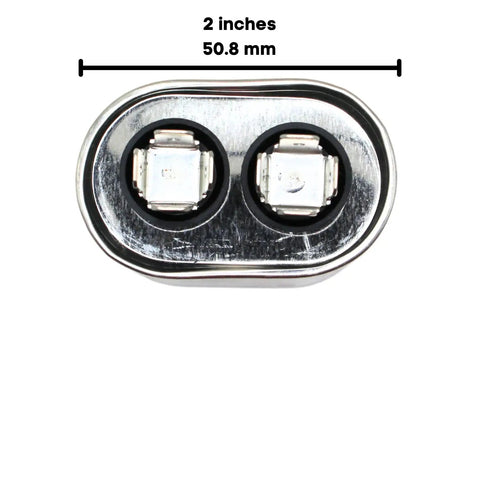 Top view of 10 MFD AC Capacitor Dual Run Oval Start Capacitor 370V 440V for Air Conditioner Condenser, 2 inches wide