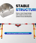 Stable structure of Heavy Duty Portable Folding Welding Table With 1200 Lb Weight Limit And Smooth Operator Adjustable Height featuring hinges and stabilizing triangles.