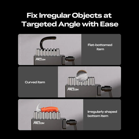 Falcon Flexible Fixture for Laser Engraving, Fast Clamping Adjustable Pin Jig demonstrating irregular object clamping