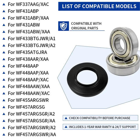 Washer Seal Bearing Kit For Samsung Replacement DC62-00156A 6601-002632 with compatible model list and bearing images