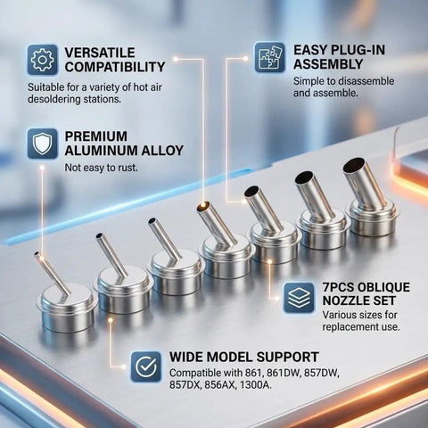 7 Pcs Oblique Nozzle Kit For Hot Air Rework 22mm Diameter Fits 861 Soldering Desoldering Station displayed on metallic surface