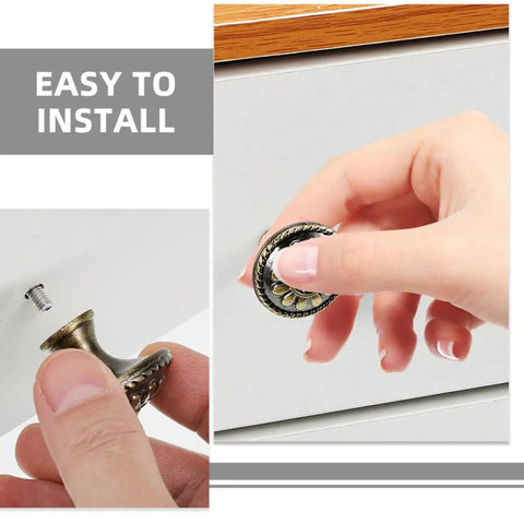 Person installing Pretty Dang Slick Antique Zinc Alloy Cabinet Drawer Pulls And Round Vanity Knobs, detailed view of knob and screw.