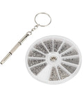 Round case with compartments showing assorted screws and a metal keychain tool from Screw Nut Assortment Kit With 600 Pieces Stainless Steel Mini Screws And Nuts, 12 Size Options, Pro Grade Fix Kit For Watches Glasses And Electronics Repair, Handy Small Fastener Set For Quick DIY Repairs.