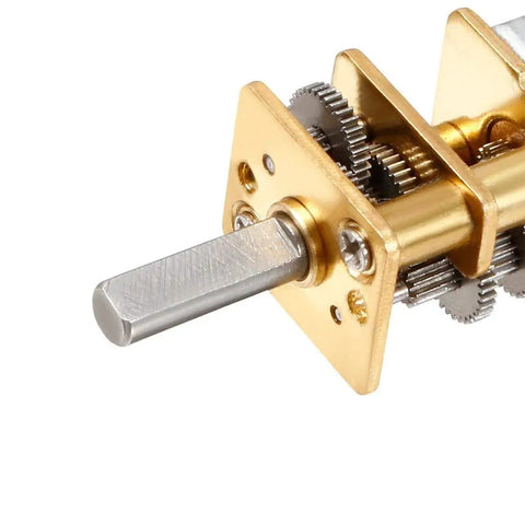 Close-up of GA12 N20 Micro DC 6V 200 RPM High Speed Reduction Motor with mini metal gearbox and two terminals.