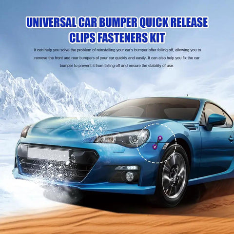 Blue car with front and rear quick release bumper kit, featuring four purple release tabs and stainless steel screws.