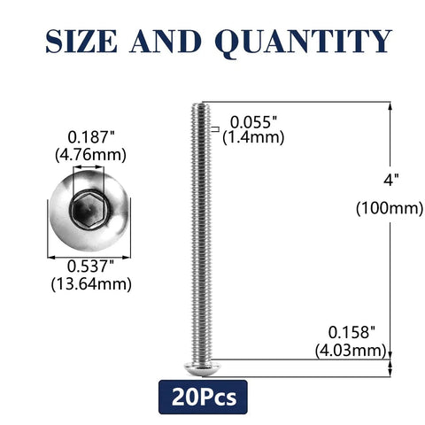 Rock Solid 5/16-18 X 4 Inch Button Head Socket Cap Bolts 304 Stainless Steel 18-8 with size details 20 pcs set for easy assembly.
