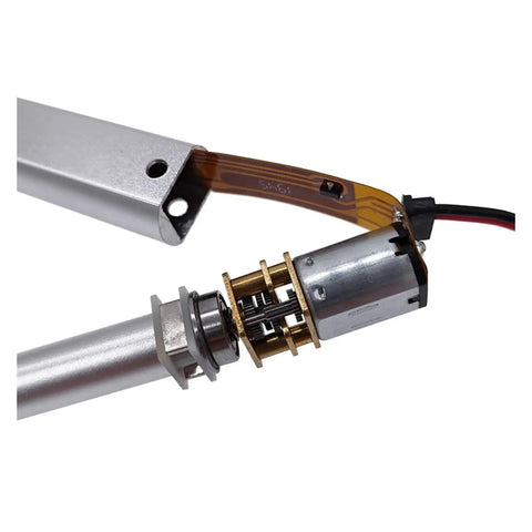 Heavy Duty 12V Electric Linear Actuator With 30N 60N Or 100N Thrust, 30mm Or 50mm Stroke, Quiet Geared DC Motor, Short Circuit Protected, Built To Last, Compact Durable Unit For Home Automation, Furniture Lifts And Medical Equipment close-up with motor and wiring