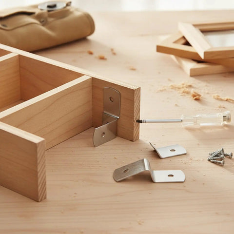 10-Pack Z Shaped Corner Braces for Picture Frames and Furniture, Chrome Plated Steel Right Angle Connectors on wooden frame