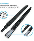 45mm soft close telescopic drawer slide with ball bearings, black, assorted lengths, angled view of slide and components