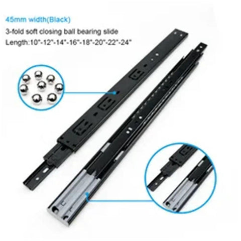 45mm soft close telescopic drawer slide with ball bearings, black, assorted lengths, angled view of slide and components