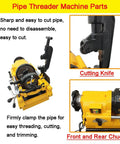 Rock Solid Electric Pipe Threader Machine For Cutting Threading And Trimming Half To Three Inch Conduit with cutting knife and chuck.