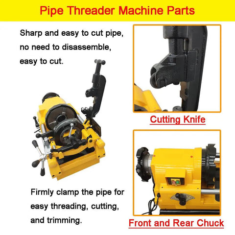 Rock Solid Electric Pipe Threader Machine For Cutting Threading And Trimming Half To Three Inch Conduit with cutting knife and chuck.