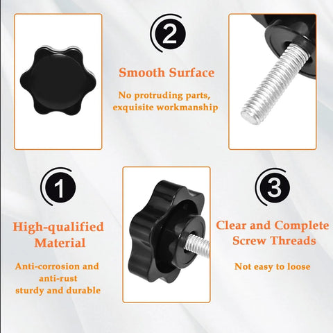 Front view: Aifeier ET four-piece black star-shaped M6x20mm hand knob set with screws for umbrella bases (Amazon).
