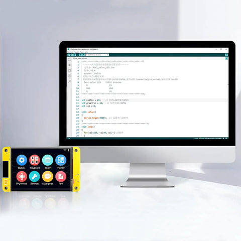 2.8 Inch ESP32 Development Board With WiFi And Bluetooth Dual Core 240MHz connected to a computer screen displaying code.