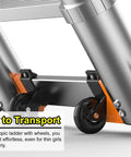 Heavy Duty Telescoping Extension Ladder, Portable Folding Aerial Work Rig With Smooth Rolling Wheels For Home Maintenance, Rooftop Access And Electrical Projects, Lightweight Game Changer Design close-up of wheels for easy transport.