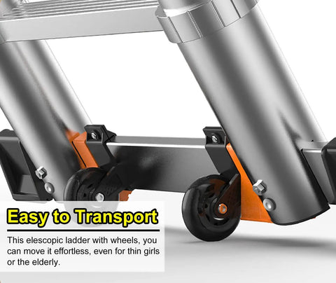 Heavy Duty Telescoping Extension Ladder, Portable Folding Aerial Work Rig With Smooth Rolling Wheels For Home Maintenance, Rooftop Access And Electrical Projects, Lightweight Game Changer Design close-up of wheels for easy transport.