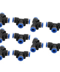 10 pack of 8mm Push In Quick Fitting Tee Connector for Pneumatic Air Lines, black and blue, 3-way tube hose fitting, 45x30x15mm