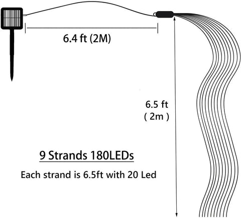 Diagram showing dimensions of Outdoor Solar Fairy String Lights Watering Can Waterfall Effect 9 Strands Of 180 LEDs.
