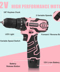 Dope Pink Cordless Drill Set For Gals Featuring Hella Lightweight Design And Butter Smooth Dual Speed Trigger With Easy Grab Handle For Nifty Home Diy Repair Jobs And Quick Fix Ups showing key details like battery button and speed switch.
