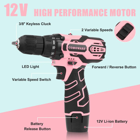 Dope Pink Cordless Drill Set For Gals Featuring Hella Lightweight Design And Butter Smooth Dual Speed Trigger With Easy Grab Handle For Nifty Home Diy Repair Jobs And Quick Fix Ups showing key details like battery button and speed switch.