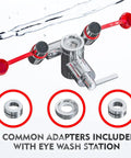 Emergency Eyewash Faucet Attachment For Quick Flush OSHA Approved Kit with adapters displayed underneath.