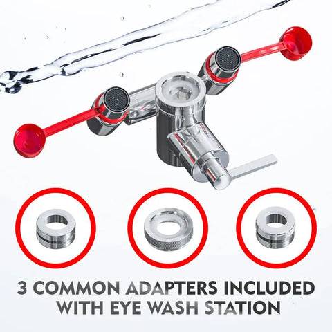 Emergency Eyewash Faucet Attachment For Quick Flush OSHA Approved Kit with adapters displayed underneath.