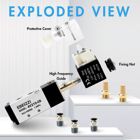 Exploded view of 5 Port 2 Position Pneumatic Solenoid Valve Pilot Operated 5/2 Valve with Dual-Voltage DC12V/DC24V/AC110V Supply