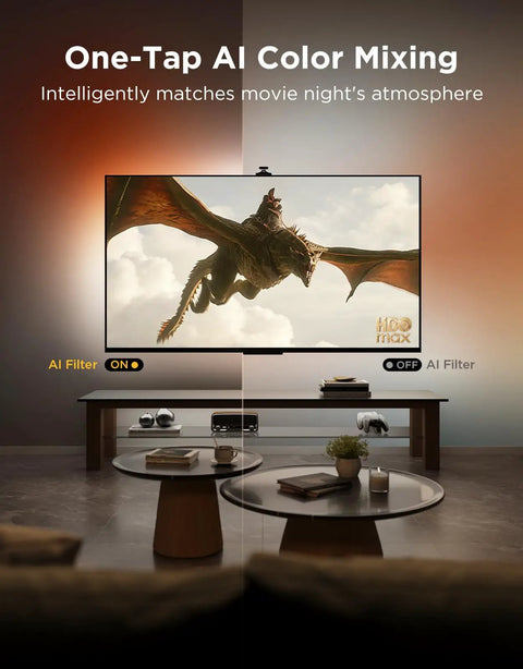 TV Backlight 3 Pro With HDR Triple Camera, Syncs To 75 85 Inch Screens, Ultra Clear HDR Image Capture For Brighter Highlights And Deeper Shadows, High Precision Triple Camera System, Perfect For An Immersive Movie Night And Gaming Setup; TV backlight on wall-mounted TV in living room