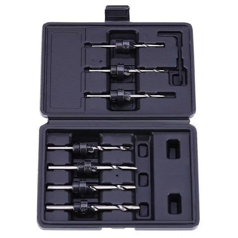 Countersink Drill Bit Kit Set For Woodworking Screw Hole Cutter Assortment With Quick Change And Adjustable Depth Single Twist Design Heat Treated Carbon Steel For Screws Sizes Five Through Twelve