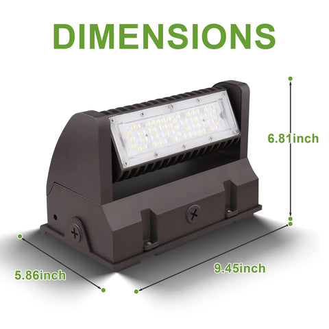 40W LED Full Cutoff Wall Pack Light With Adjustable Rotatable Head 5400LM 5000K IP65 dimensions 9.45x5.86x6.81 inches