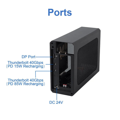 Image showing ports on External Egpu Enclosure With Thunderbolt 4 Usb4 Compatibility And 240W Power Supply for graphics card connectivity.