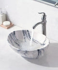 16 Inch Vessel Sink With Faucet For Bathroom Above Counter Marble Coated Porcelain Ceramic Oval Vanity Sink Modern Go To Lux Style