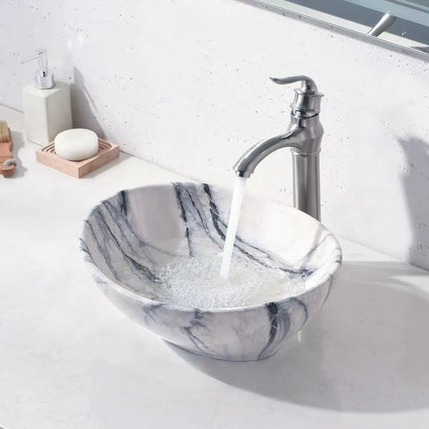 16 Inch Vessel Sink With Faucet For Bathroom Above Counter Marble Coated Porcelain Ceramic Oval Vanity Sink Modern Go To Lux Style