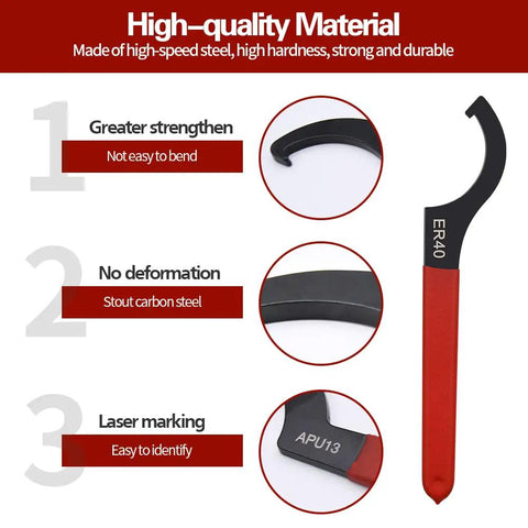 High-quality red and black ER40 spanner from 6 Piece Coilover Wrench Set C Shape Shock Spanner Wrenches Hook Tools Steel For Suspension System And Shock Adjustments Great For Tuners And DIY Enthusiasts Working On Apexi KW H And R Tein Truhart Skunk