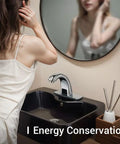 Automatic Sensor Touchless Bathroom Sink Faucet In Chrome Hands Free Battery Powered Modern Vanity Tap With Deck Plate Control Box And Temperature Mixer Easy Install No Touch Convenience in black vanity with reflection.