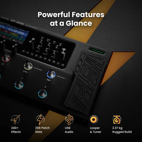 Close-up of GP-200 Multi Effects Pedal For Guitar And Bass With Amp Modeling IR Loader, showing controls and features.