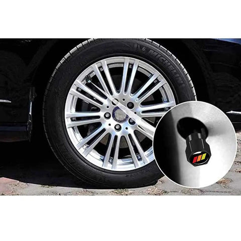 Close-up of Toyota Aluminum Alloy Tire Valve Stem Caps 4 Pack Covers for Cars SUVs and Trucks with Anodized Finish on wheel
