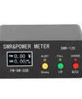 Front view of DIY Digital Power Standing Meter with built-in rechargeable battery, showing display and control buttons, 120W SSB CW FM AM SWR meter.