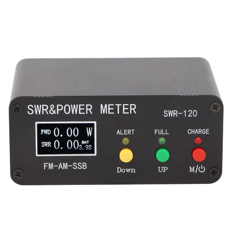 Front view of DIY Digital Power Standing Meter with built-in rechargeable battery, showing display and control buttons, 120W SSB CW FM AM SWR meter.